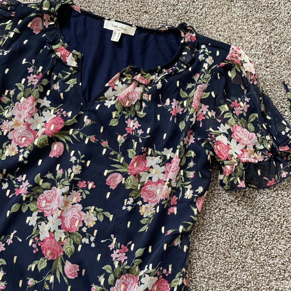Haver + Blair Bubble Hem Floral Metallic Ruffle Puff sleeves Blouson Top sz M